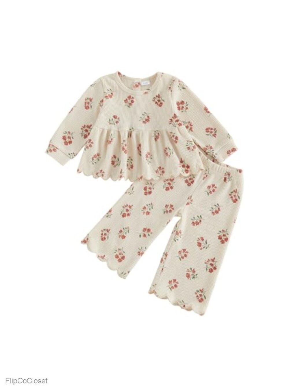 Toddler Girls Waffle Knit Floral Scalloped Shirt Pants 2pc Set